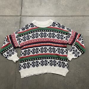 Aerie Sweater Womens Small White Navy Fair Isle Snowflake Crewneck Pullover